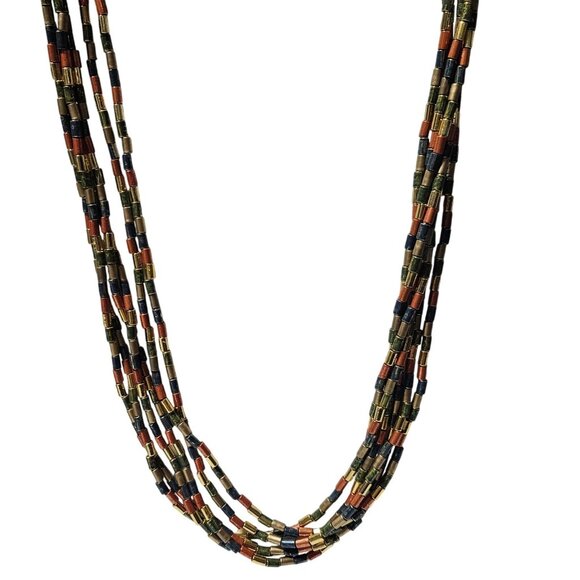 Boho Retro Multi Color Beaded Layered Necklace Tube Beads Multi Strand Jewelry - Picture 1 of 5